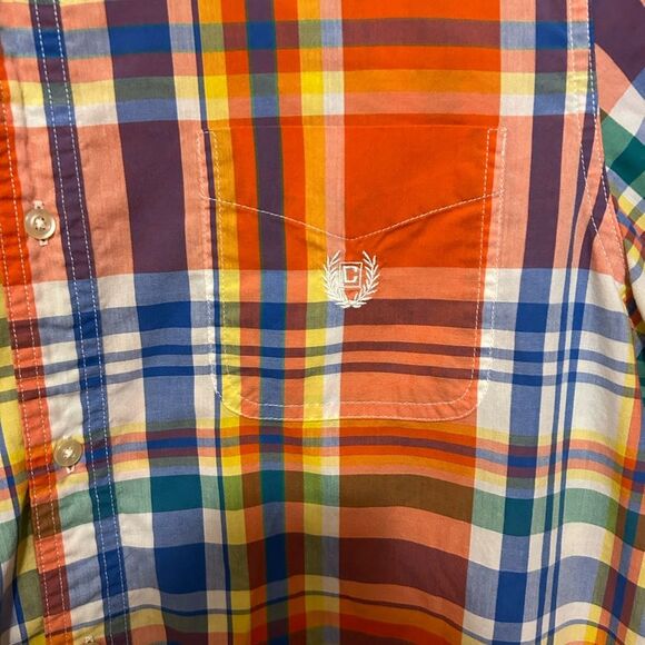 Chaps Easy Care Orange Blue Green Plaid Cotton Short Sleeve Mens size large - Picture 3 of 5